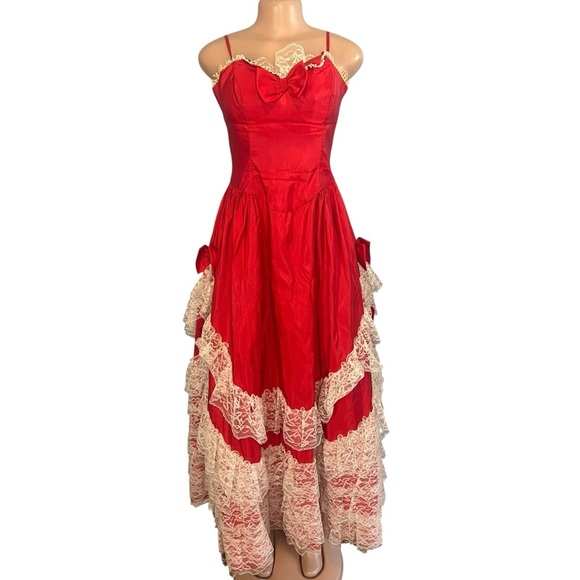 Vintage Alfred Angelo Flirtations Red Southern Belle Lace Tiered Prom Dress - Picture 1 of 14